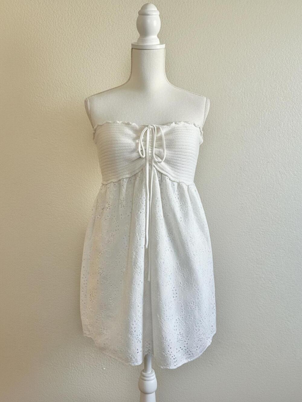 White Strapless Eyelet Dress with Knit Bodice